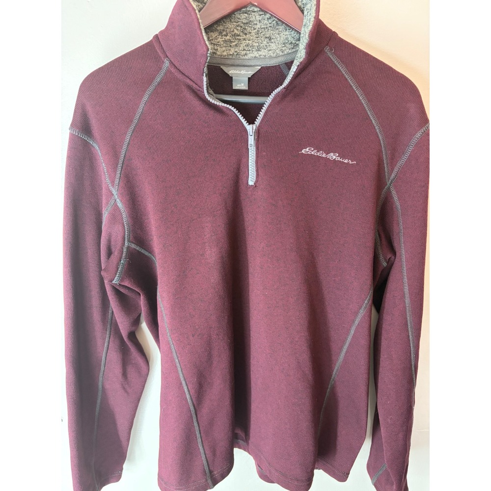 Eddie Bauer Mens Burgundy Heather Quarter Zip Pullover Sweater Mock Neck Medium